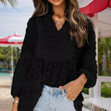 Women's V-Neck Long Sleeve Blouse - Lace Cutout & Jacquard Detail Loose Top Spring Summer Casual Shirt