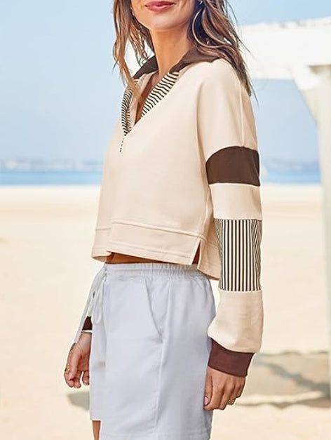 Fisoew Women's Long Sleeve Crop Tops Polo V Neck Color Block Casual Loose Pullover Cropped Sweatshirt