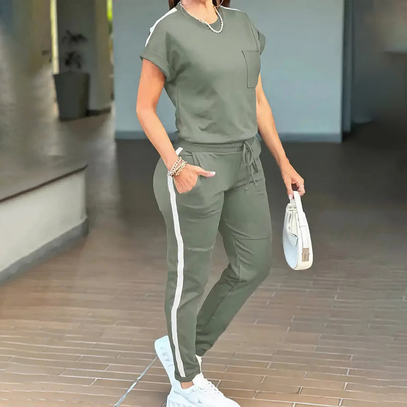 Women's Solid Color Short Sleeve Two-Piece Set - Round Neck, Stripe Trim, Tie Waist Belt, Pockets Spring&Summer Casual Outfit