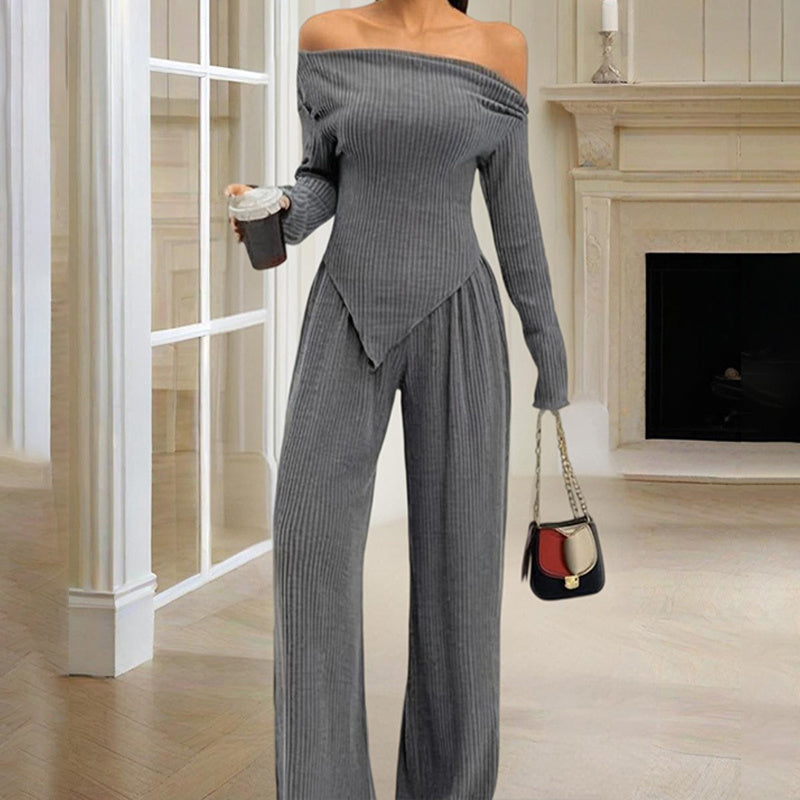 Women's Solid Color Off-Shoulder Long Sleeve Top & Pants Set - Elegant Asymmetrical Hem & Ruffes Cuff Casual Outfit