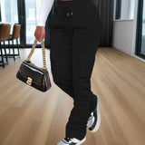 Pantalones rectos de color liso para mujer: cintura elástica con cordón y bolsillos dobles, pantalones casuales para primavera y otoño.