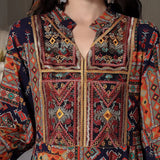 Women's Middle Eastern Style Long Sleeve Dress - Geometric Print V-Neck Embroidered Maxi Dress Boho Vacation Dress