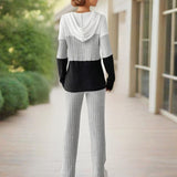 Women's Contracted Design Color-Block Hooded Sweatsuit Set - Long Sleeve Zip-Up Hoodie With Wide-Leg Lounge Pants