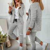Women's Solid Color Plaid Long Sleeve Suit Two-piece Set With Pockets & Drawstring Waist Office Wear For Spring&Fall