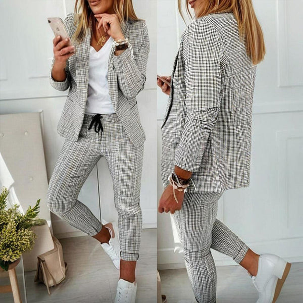Women's Solid Color Plaid Long Sleeve Suit Two-piece Set With Pockets & Drawstring Waist Office Wear For Spring&Fall