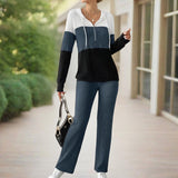 Women's Contracted Design Color-Block Hooded Sweatsuit Set - Long Sleeve Zip-Up Hoodie With Wide-Leg Lounge Pants
