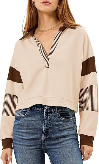 Fisoew Women's Long Sleeve Crop Tops Polo V Neck Color Block Casual Loose Pullover Cropped Sweatshirt