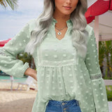 Women's V-Neck Long Sleeve Blouse - Lace Cutout & Jacquard Detail Loose Top Spring Summer Casual Shirt