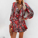 Women's Bohemian Print V-Neck Long Sleeve Dress - Flowy Beach Dress With Elastic Waist