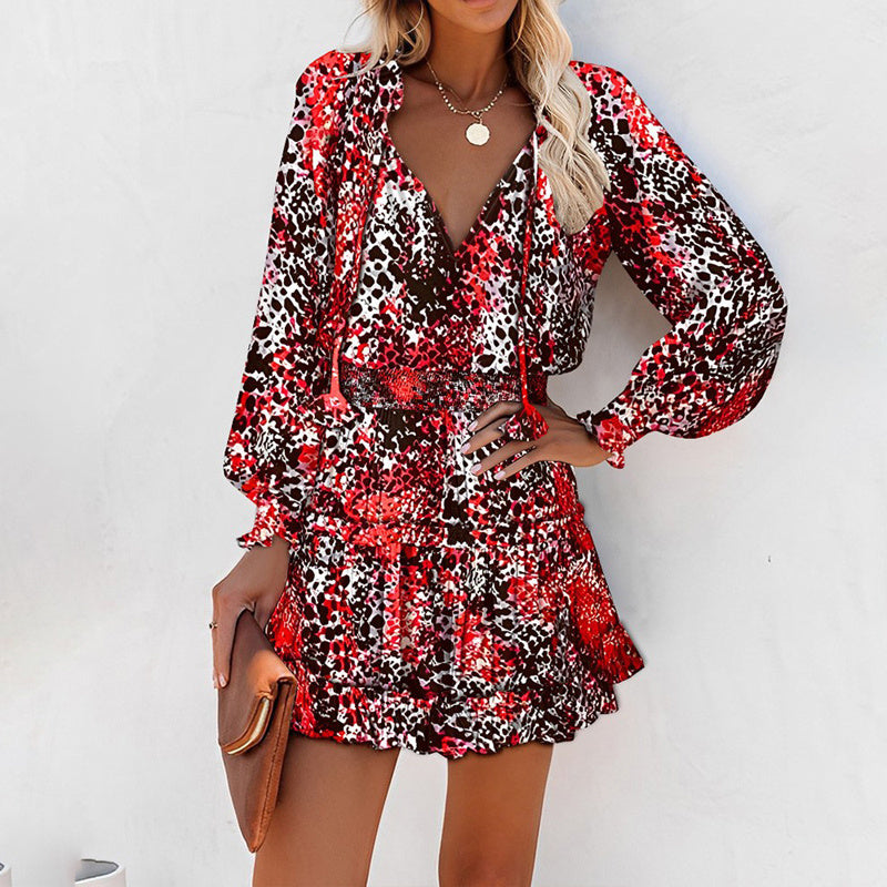 Women's Bohemian Print V-Neck Long Sleeve Dress - Flowy Beach Dress With Elastic Waist