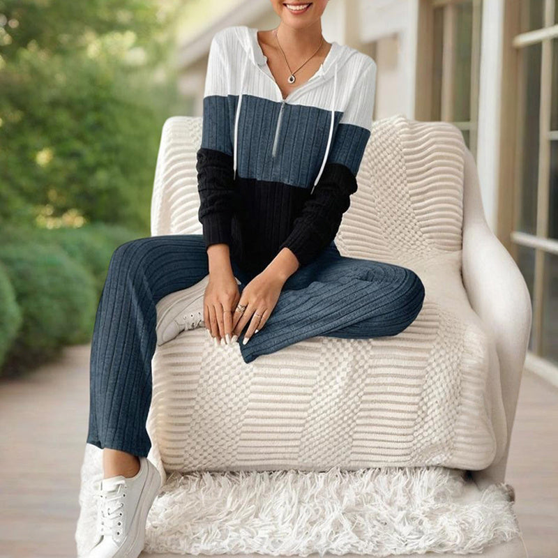 Women's Contracted Design Color-Block Hooded Sweatsuit Set - Long Sleeve Zip-Up Hoodie With Wide-Leg Lounge Pants