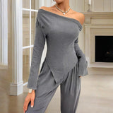 Women's Solid Color Off-Shoulder Long Sleeve Top & Pants Set - Elegant Asymmetrical Hem & Ruffes Cuff Casual Outfit