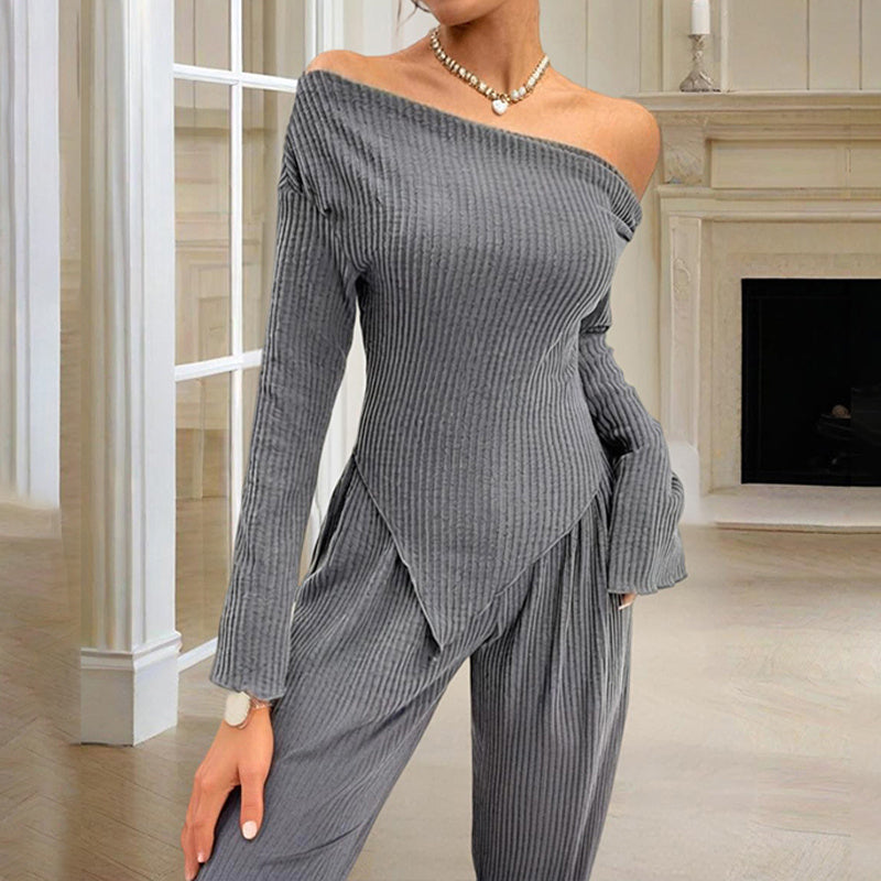 Women's Solid Color Off-Shoulder Long Sleeve Top & Pants Set - Elegant Asymmetrical Hem & Ruffes Cuff Casual Outfit