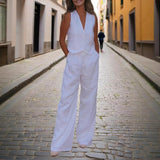 Women's Solid Color V-Neck Vest Two-Piece Set Button Front Vest Top With Pocket Pants For Spring & Summer Casual Outfit