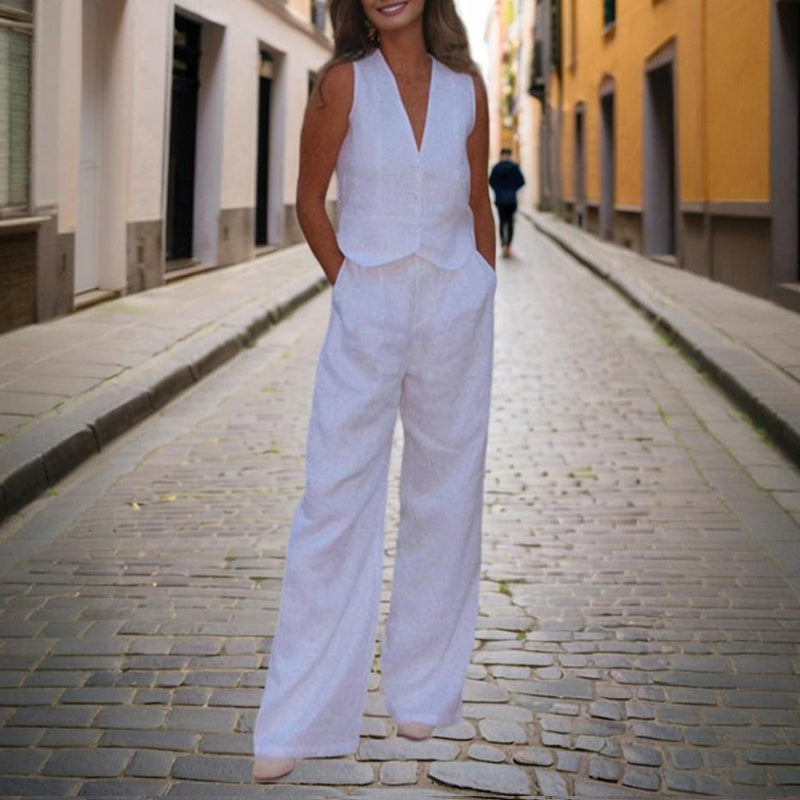 Women's Solid Color V-Neck Vest Two-Piece Set Button Front Vest Top With Pocket Pants For Spring & Summer Casual Outfit