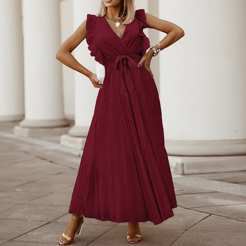 Women's Summer Maxi Dresses Elegant V Neck Ruffled Sleeves Empire Waist Pleated Flowy Wedding Dress