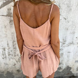 Women's Solid V-Neck Jumpsuit Shorts - Button Front Sleeveless Romper With Drawstring Waist & Pockets Summer Casual Outfit
