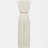 Women's Solid Color Round Neck Short Sleeve Wide-Leg Jumpsuit With Waist Design & Pockets Casual Romper For Spring&Summer