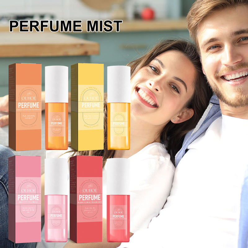 OUHOE Perfume Jasmine and pink showcased with other colorful fragrance bottles and happy couple.