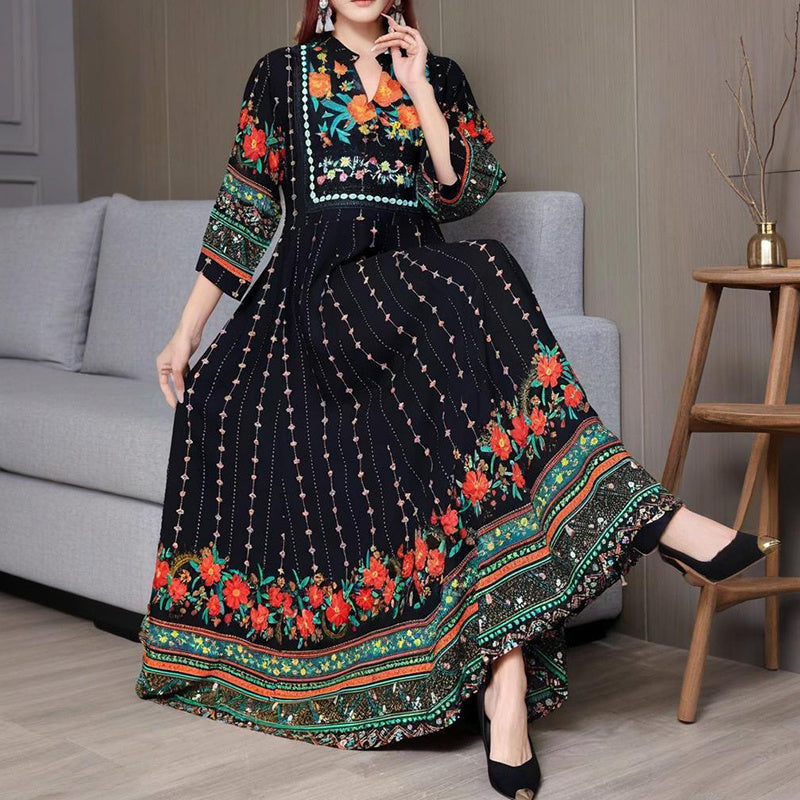 Women's Ethnic Style V-Neck Long Sleeve Dress - Embroidered Floral Pattern A-Line Maxi Dress With Printed Hem Middle Eastern Inspired Fashion