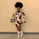 Cow Print Short-sleeved Half-high Neck Pleated Dress