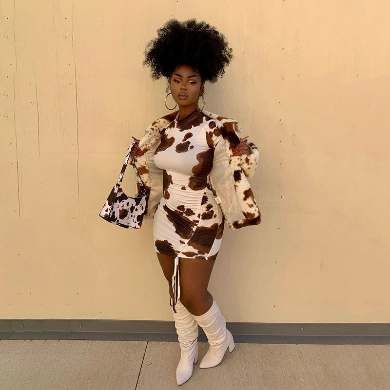 Cow Print Short-sleeved Half-high Neck Pleated Dress