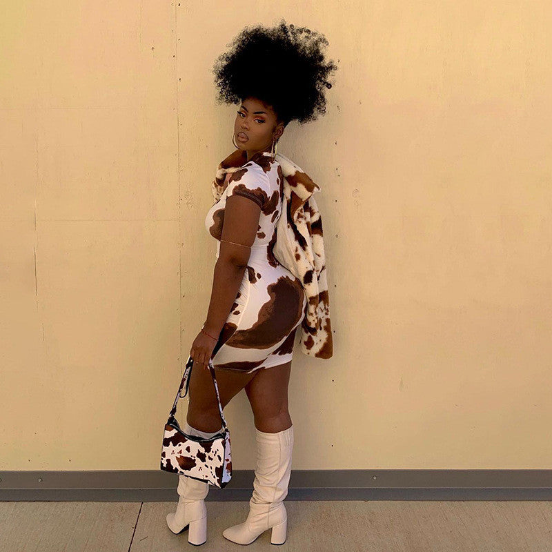 Cow Print Short-sleeved Half-high Neck Pleated Dress