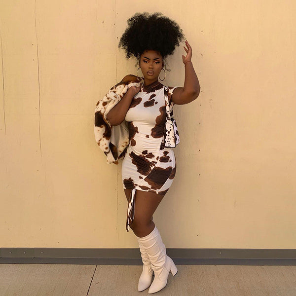 Cow Print Short-sleeved Half-high Neck Pleated Dress