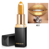 Lápiz labial metálico brillante, perlado, con cambio de temperatura de color, lápiz labial dorado
