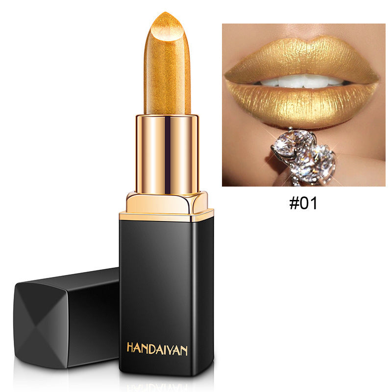Lápiz labial metálico brillante, perlado, con cambio de temperatura de color, lápiz labial dorado