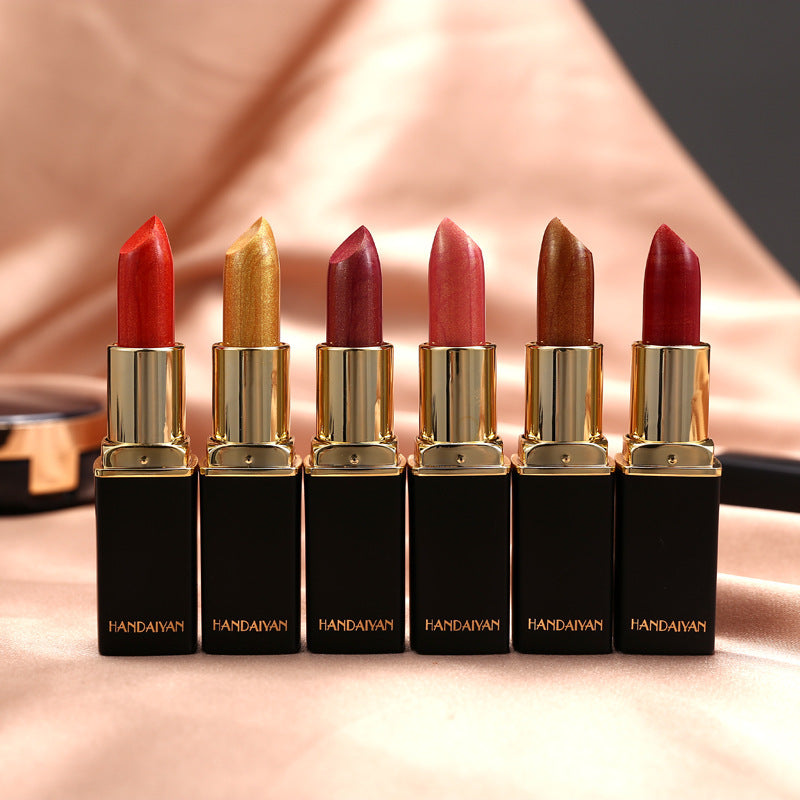 Lápiz labial metálico brillante, perlado, con cambio de temperatura de color, lápiz labial dorado