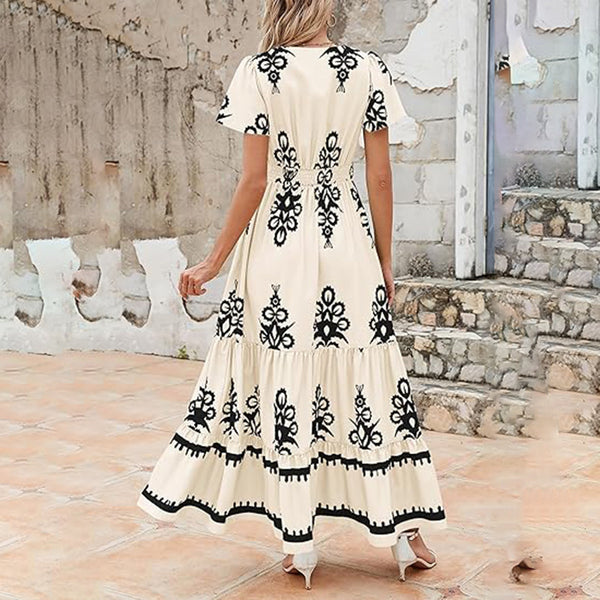 Womens Summer Casual V Neck Boho Maxi Dress Flowy Aline Bell Sleeve Tiered Floral Dresses With Pocket