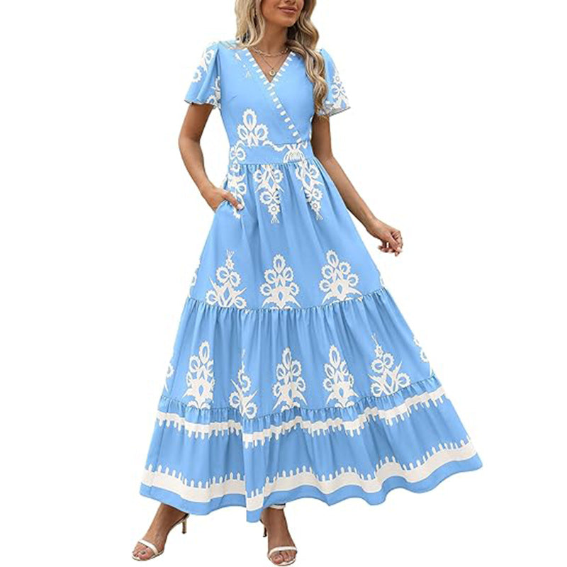 Womens Summer Casual V Neck Boho Maxi Dress Flowy Aline Bell Sleeve Tiered Floral Dresses With Pocket