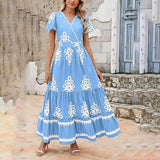 Womens Summer Casual V Neck Boho Maxi Dress Flowy Aline Bell Sleeve Tiered Floral Dresses With Pocket