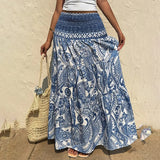 Women's Boho Floral Print Maxi Skirt - Elastic Waist A-Line Long Skirt For Spring&Summer Casual Beach Skirt