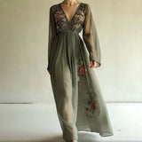 Women's Elegant V-Neck Green Floral Print A-Line Maxi Semi-Sheer Long Sleeve Spring&Summer Dress