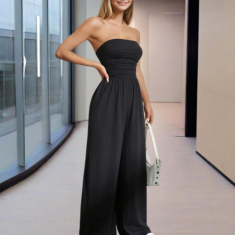 Women's Solid Color Strapless Jumpsuit Wide-Leg Palazzo Pants With Pleats Summer Fashion Outfit