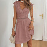 Women's V-Neck Solid Color Short Sleeve Dress With Lace Trim - Summer Sexy Vacation Dress