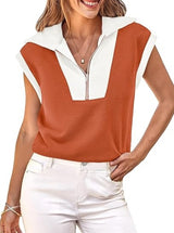 Fisoew Womens Half Zip Sweatshirts Short Sleeve Color Block Lapel V Neck Loose Summer Pullover Tops