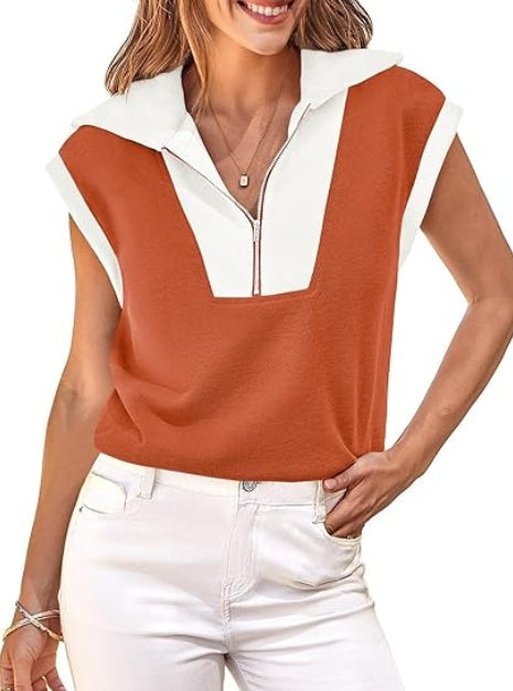 Fisoew Womens Half Zip Sweatshirts Short Sleeve Color Block Lapel V Neck Loose Summer Pullover Tops