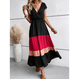 Women's Color Block Maxi Dresses V Neck Sleeveless Tiered Casual Dresses Loose Sundress