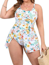 Beautife Womens Plus Size One Piece Swimsuits Tummy Control Swim Dress Floral Print Twist Slit Bathing Suits Swimdress