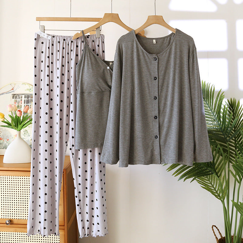 Confinement Clothing Spring And Summer Modal Three-piece Long-sleeved Trousers Pregnant Woman Feeding Nursing Pajamas