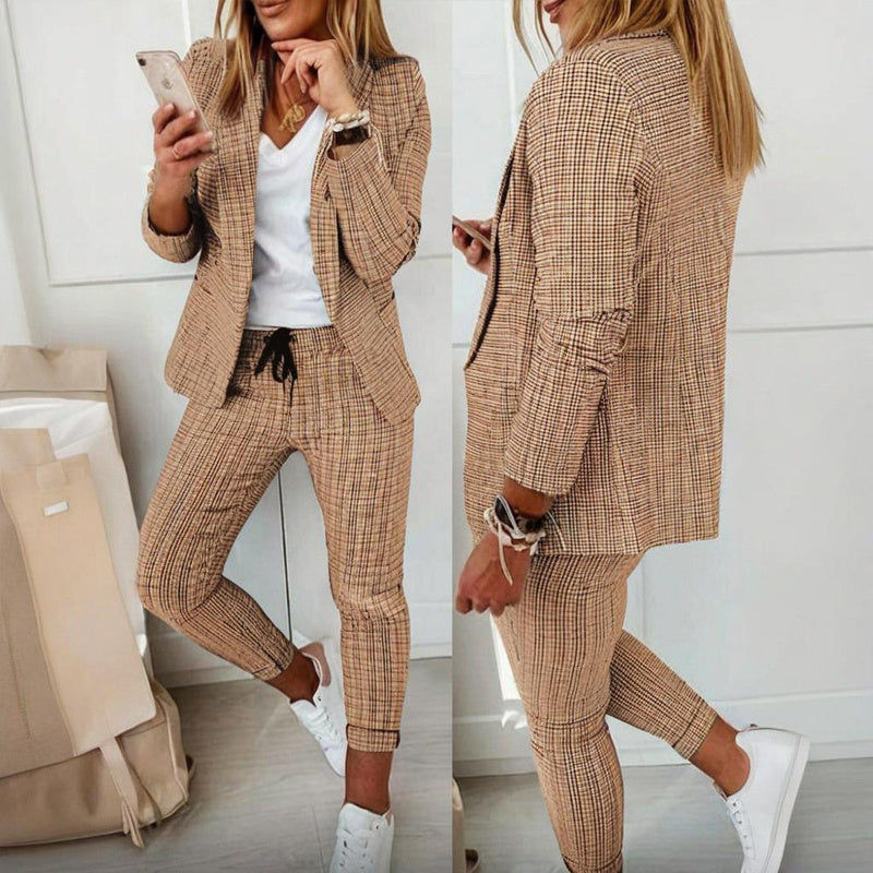 Women's Solid Color Plaid Long Sleeve Suit Two-piece Set With Pockets & Drawstring Waist Office Wear For Spring&Fall