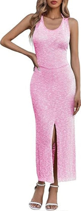 Saodimallsu Womens Backless Midi Dress Summer Beach Bodycon Halter Sleeveless Sexy Slit Cover Up Dresses