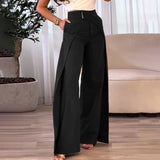 Women's Solid Color High-Waisted Wide-Leg Pants With Crossover Design Pockets Casual Spring & Fall Trousers