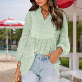 Women's V-Neck Long Sleeve Blouse - Lace Cutout & Jacquard Detail Loose Top Spring Summer Casual Shirt