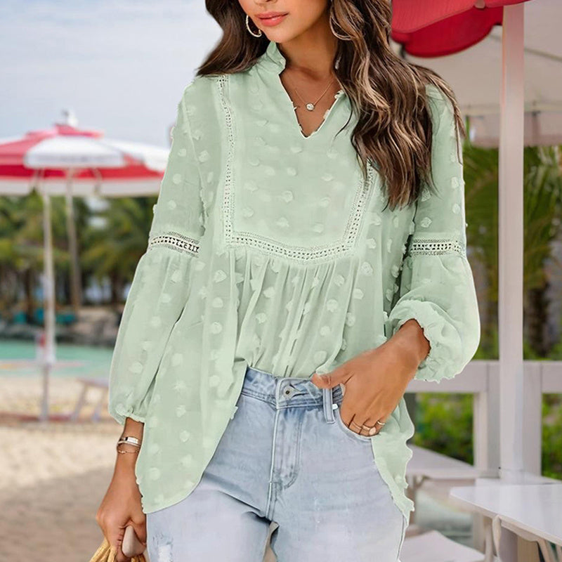 Women's V-Neck Long Sleeve Blouse - Lace Cutout & Jacquard Detail Loose Top Spring Summer Casual Shirt