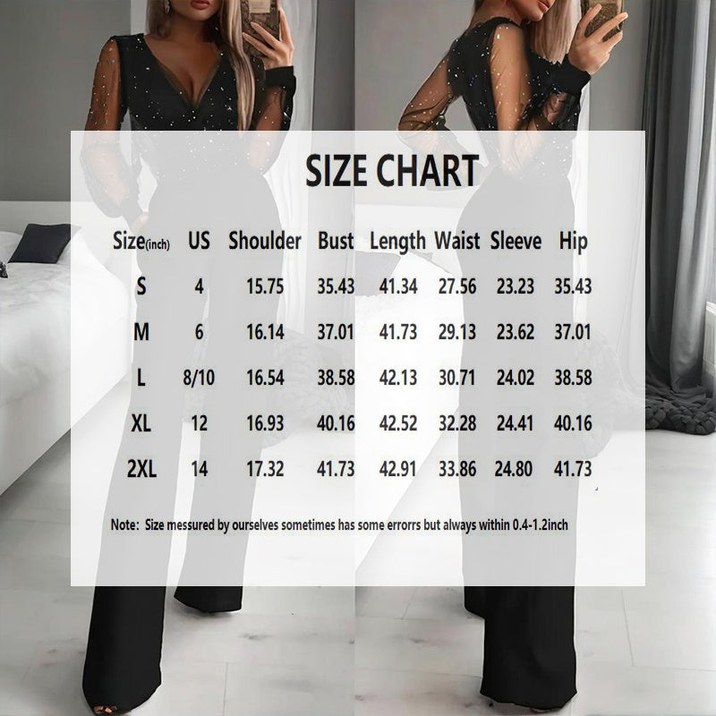 Women's Sexy Solid Color Deep V-Neck Tulle & Sequin Straight Leg Jumpsuit With Pockets For Spring&Summer Wear