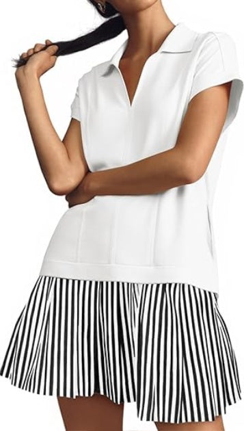 Fisoew Womens Summer Mini Dress Casual Patchwork Short Sleeve Polo V Neck Striped Dresses With Pockets